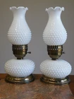 Working Set of 2 Vintage White Milk Glass Hobnail Hurricane Style Electric Lamps