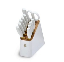 12 Piece Stainless Steel Knife Block Set Kitchen Chef Knives White Soft Grip