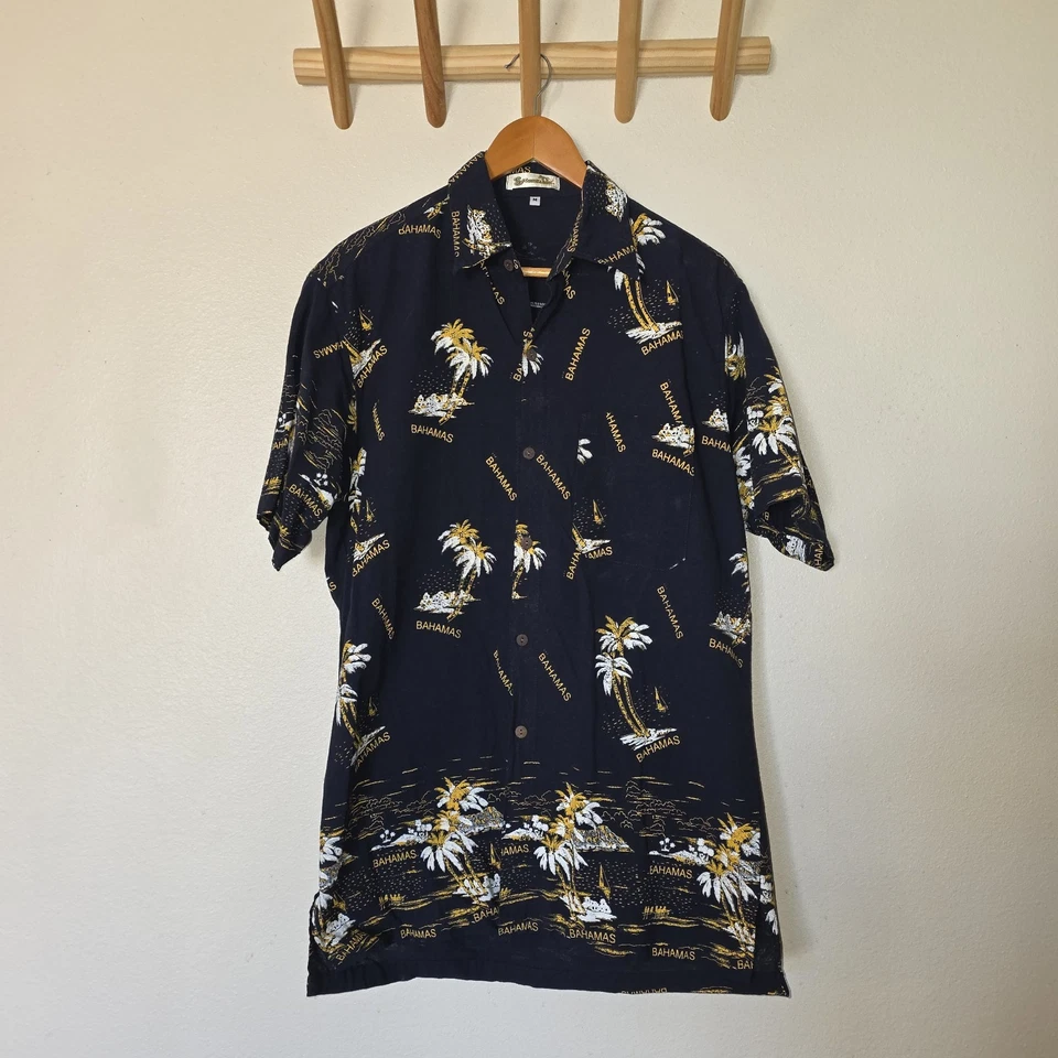 Shoreline Bahamas Shirt Men’s M Blue Hawaiian Button Up 100% Cotton Palm Trees - Image 2 of 4