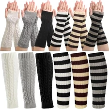  12 Pairs Leg Arm Warmers Knit Fingerless Gloves for Women Wrist Stripe Colors