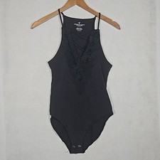 AE American Eagle Women's Body Suit Black Tank-Top Lacey V-Neck