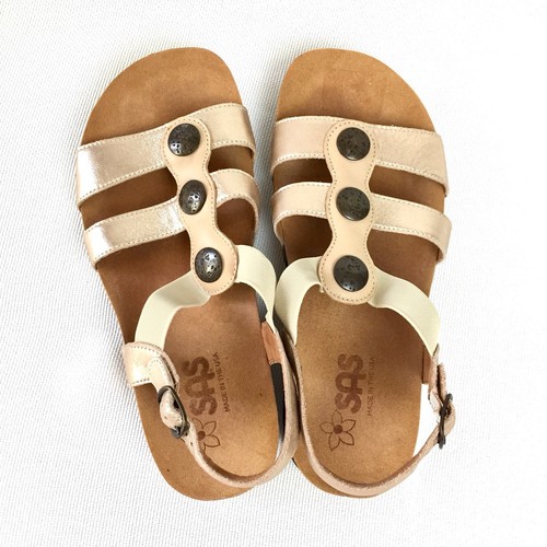 SAS Women's Studded Strappy Open Toe Sandals Champagne Gold Leather 8.5 Wide - Picture 3 of 9