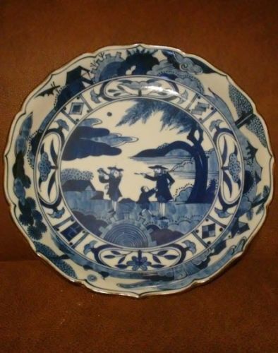 JAPANESE SETO PORCELAIN CHARGER BLUE WHITE GILT BOWL PLATE MEIJI OR EDO DYNASTY  - Afbeelding 1 van 8