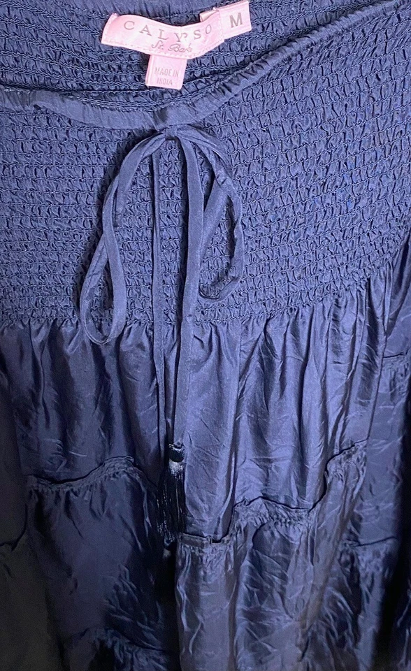 Falda CALYPSO ST BARTH Azul Marino Arrugada Seda En Niveles Borla Cordón M 8/10 Foto 3 de 4