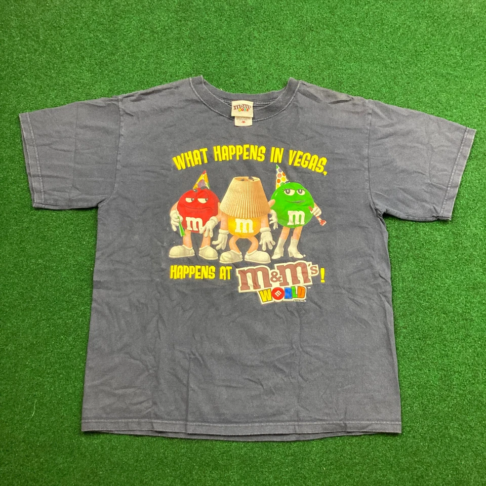 Vintage M&Ms World Shirt Mens M Blue What Happens In Vegas Funny Humor Logo Y2K - Image 2 of 4