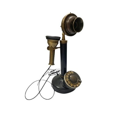 Antique Handmade Brass Candlestick Telephone with Rotary Dial - Vintage Charm