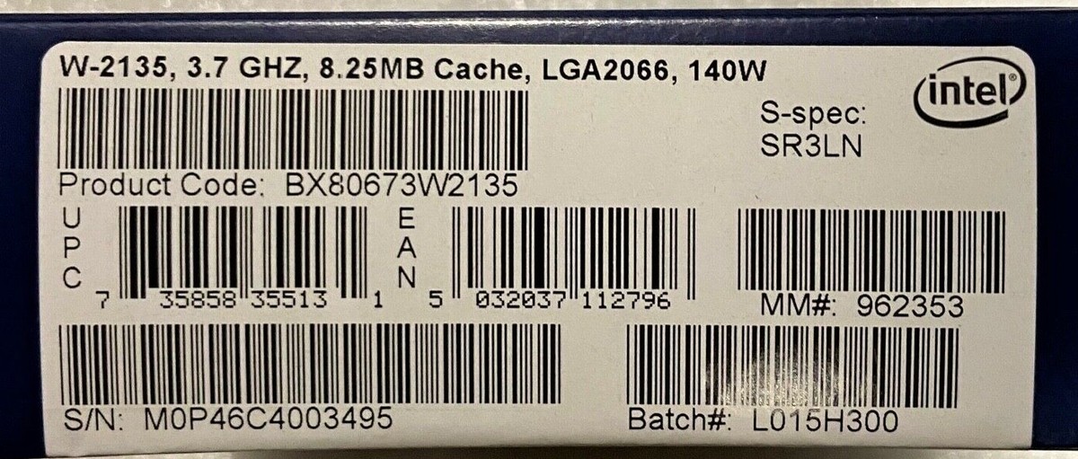 Intel BX80673W2135 SR3LN Xeon W-2135 Processor 8.25M Cache, 3.70