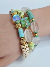 Teal Apatite Howlite Rainbow Quartz Beaded Boho Stretchy Bracelet Set Handmade