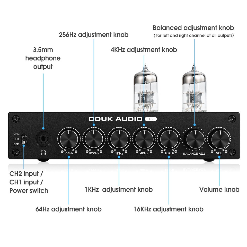Douk Audio T8 5band EQ Equalizer Balanced XLR Tube Preamp Headphone