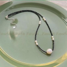 Faceted 3mm Round Black Spinel White Natural Baroque Pearl Necklace 14-36"