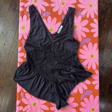 Vintage 1980s Black Nylon  Lace Teddy L Bodysuit
