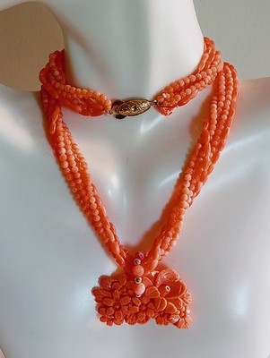 ESTATE ST SILVER SALMON ANGEL SKIN CORAL FLOWERS LILY MULTI STRANDS NECKLACE 17''