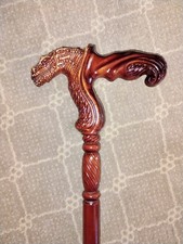 Handmade Brown Wood Walking Stick Cane with Dragon Head Handle