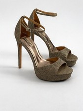 Badgley Mischka Gold Glitter Platform Stiletto Heels Ankle Strap Evening SZ 9