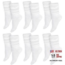 6 Pairs Women Slouch Socks Knee High Boot Cotton Scrunch Stacked 5-9 White