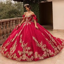 Red Quinceanera Dresses Gold Lace Beading Princess Luxury Birthday Gowns
