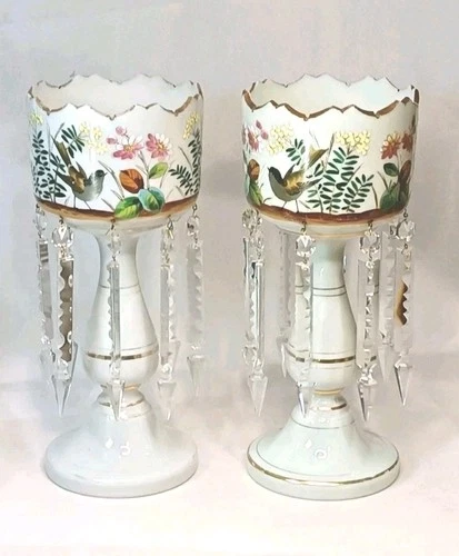 Pair Victorian Hand Painted Milk Glass Lustres Birds Flowers Crystal Drops 36cm