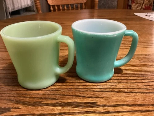 2~Vintage Fire King Jadeite & Turquoise D Handle Mugs-Coffee Cups