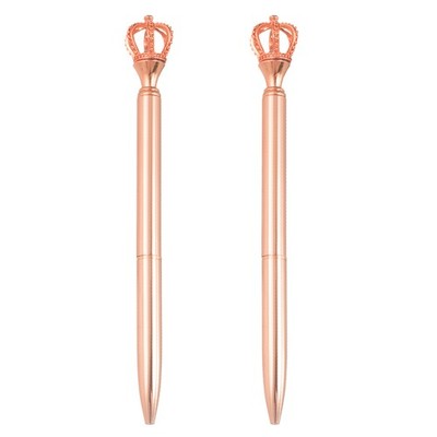 Crown Ballpoint Pen, 2 Pcs 1.0mm Black Ink Metal Pen with Crown Top, Rose Gold