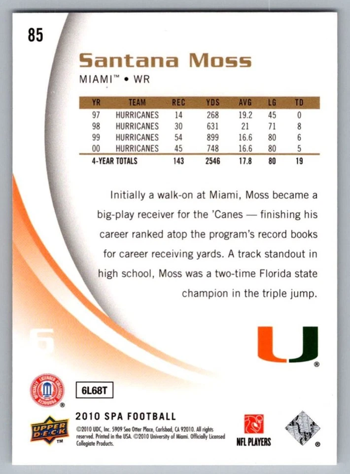 2010 SP Authentic Santana Moss Miami Hurricanes #85 - Image 2 of 2