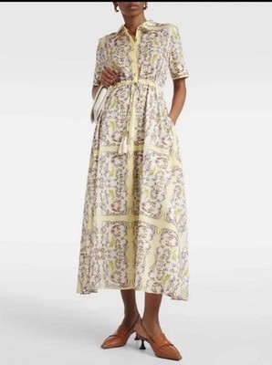 Tory Burch Chartreuse Floral Rabbit Bunny Meadow Print  Voile Midi Dress NWT