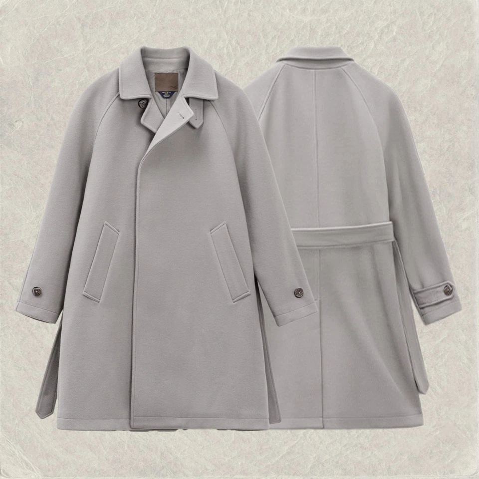 Retro Gray Trench Coat men's Cashmere Warm Long with Belted Busienss Overcoat - Image 2 of 4