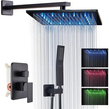 Black 12 In LED Rainfall Mixer Shower Faucet Combo Set Wall Mounted Hand Shower