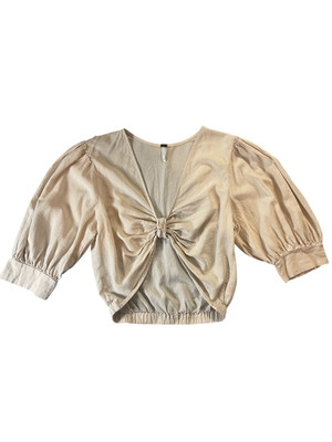 YFB Young Fabulous Broke Beige linen blend. Cropped 3/4 Shirt Women's M.