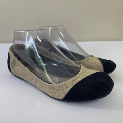 TOMS Flats Women 6.5 Alessandra Burlap Black Neutral Preppy Vegan Slip On Ballet
