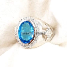 Blue Topaz Oval Cut Gemstone With 925 Sterling Silver Ring For Men's #A912