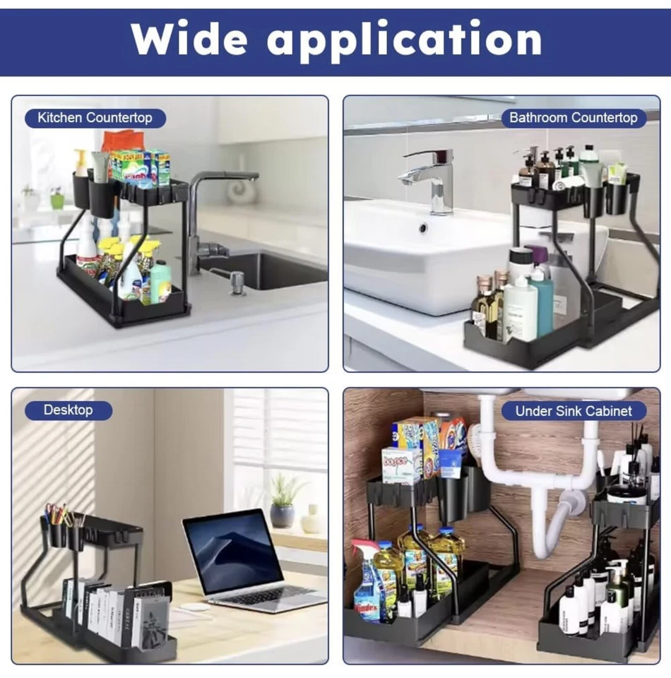 2 PACK X Under Sink Organizer Rack 2 Tier Under Sliding Cabinet Basket Organizer - Image 2 of 4