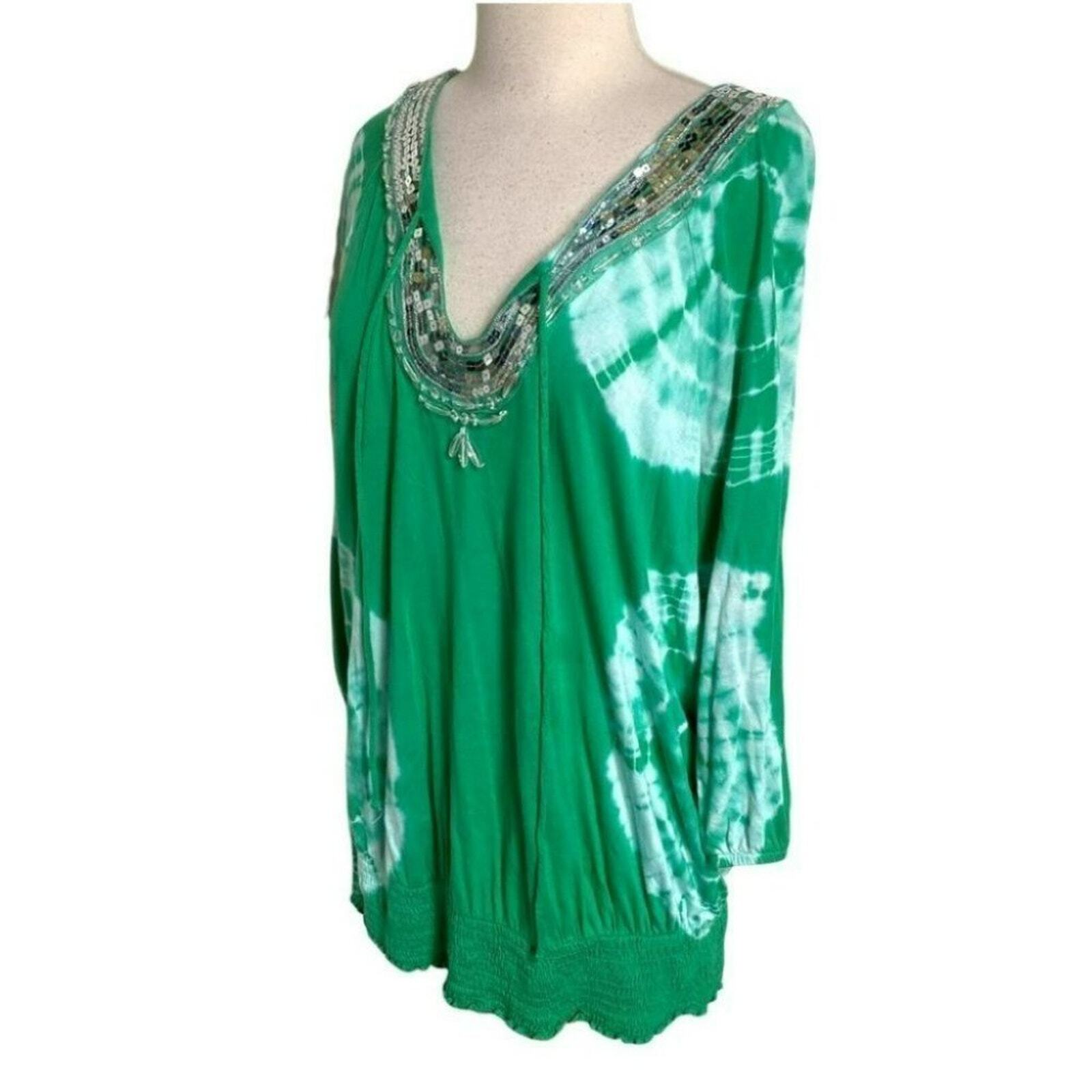 INC 0X boho green tie dyed sequined collar top St Patrick's Day Swiftie