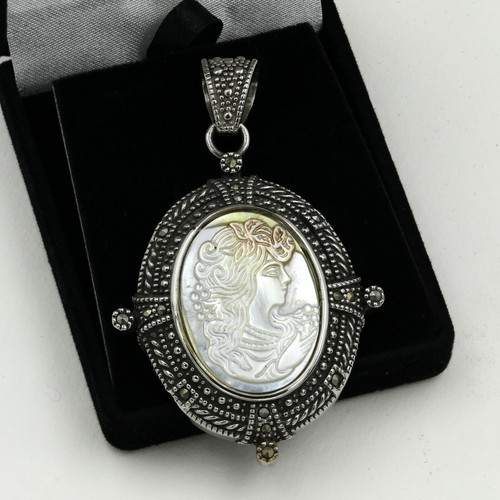 Stainless Steel 316 Abalone Cameo Marcasite Pendant & Earrings - Picture 5 of 6