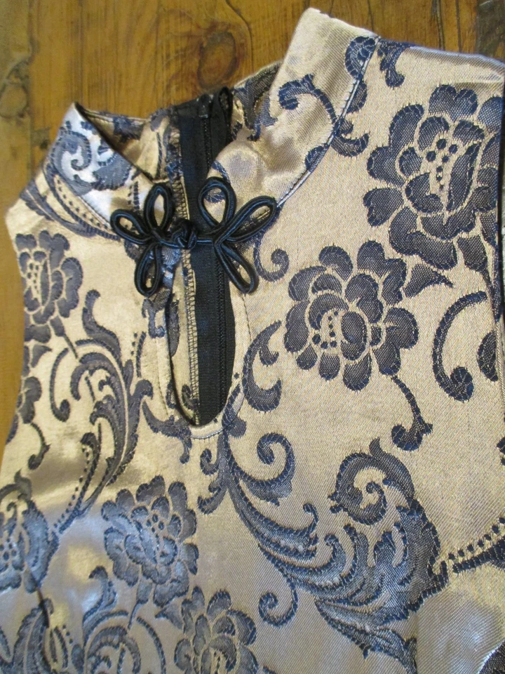 Vestido Floral Asiático Vintage Roberta Talla 3/4 Chino Cheongsam Dorado Negro Foto 2 de 4