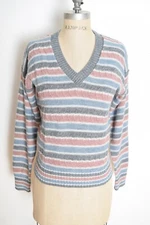 vintage 70s sweater mauve gray striped V neck jumper top shirt clothing M