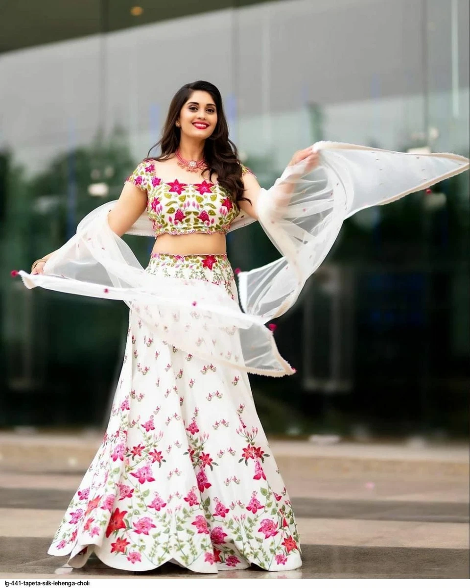 Buy White Geargette V Neck Embroidered Lehenga Saree With Blouse For Women  by ARPAN VOHRA Online at Aza Fashions.