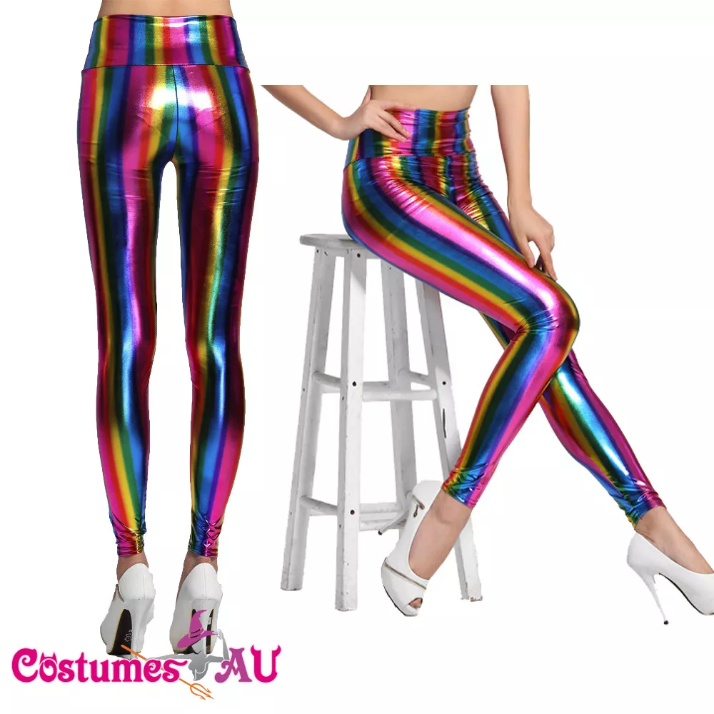 1980s 1990s 80s Neon Rainbow Leggings Disco Fluro Metallic Costume Pants  Madonna