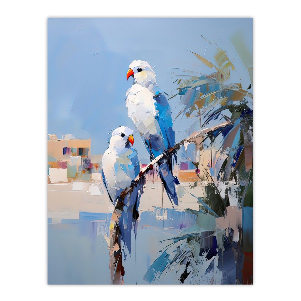 Blue Quaker Parrot Couple on Palm Tree Painting Pastel Wall Art Poster Print