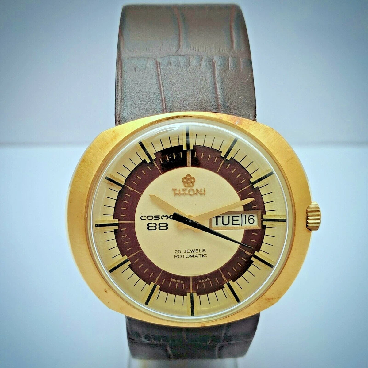 TITONI COSMO 88 DAY DATE 25 JEWELS ROTOMATIC GOLD PLATED SWISS