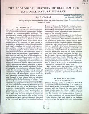 The Ecological History of Blelham Bog National Nature Reserve; Oldfield, F.: