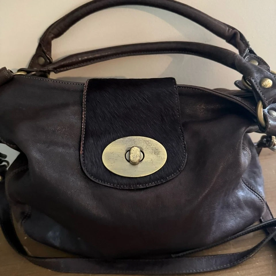 Bolsa de ombro de couro marrom rosa âmbar fecho de bronze pele boho - Imagem 2 de 4