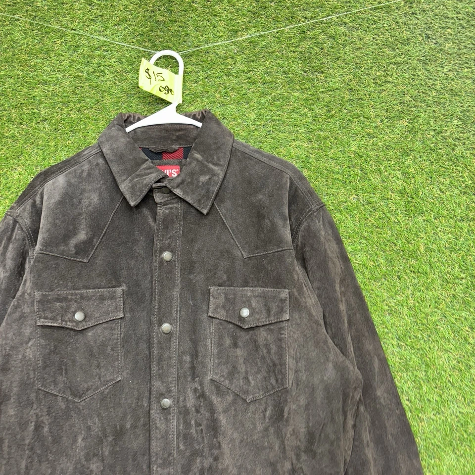 Levis Suede Jacket Mens Large Western Double Pocket Faux Leather Button Up Shirt - Image 3 of 4