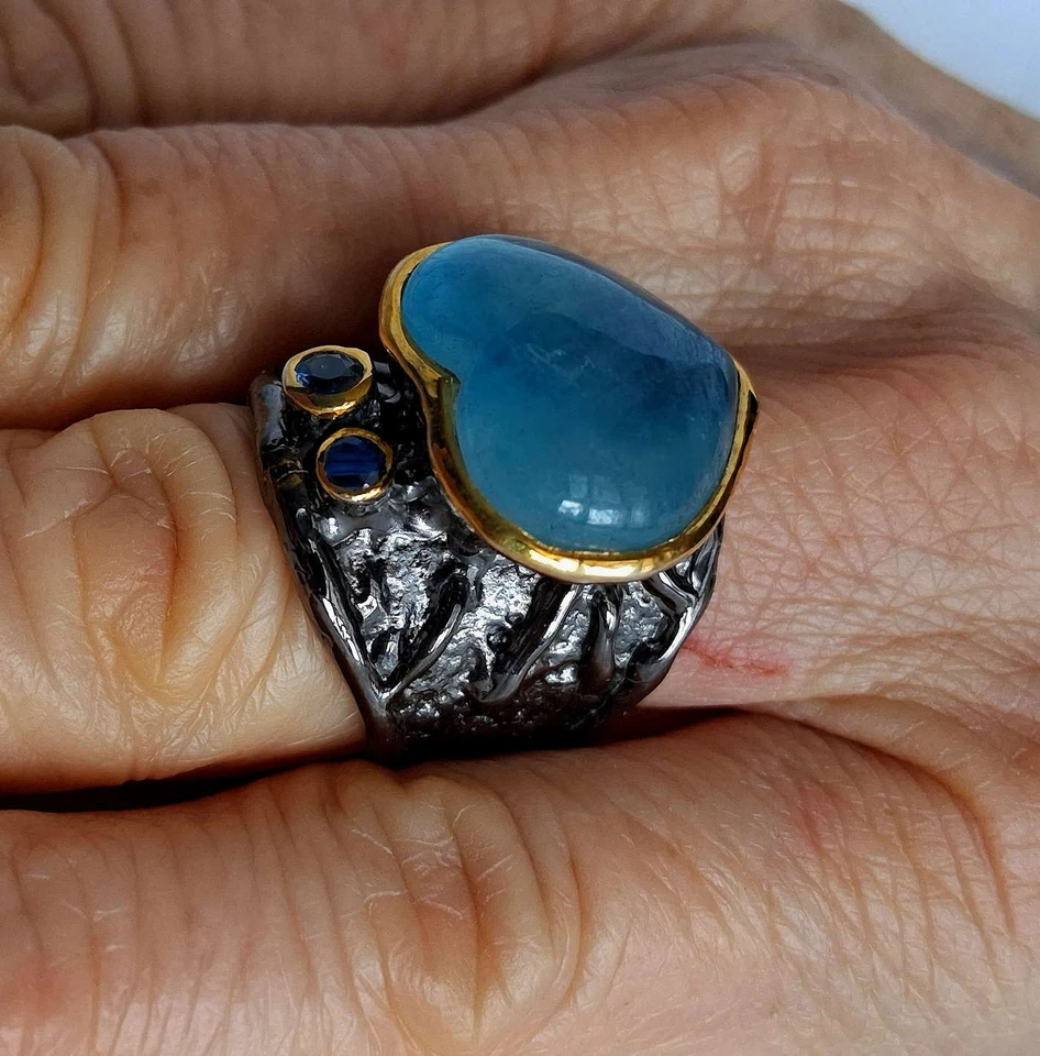 ANELLO ARGENTO ST. 925 BRUNITO E DORATO CON ACQUAMARINA E ZAFFIRI NATURALI - Immagine 2 di 4