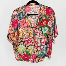 Johnny Was Silk Floral Leopard Print Short Sleeve Button Down Cropped Blouse M