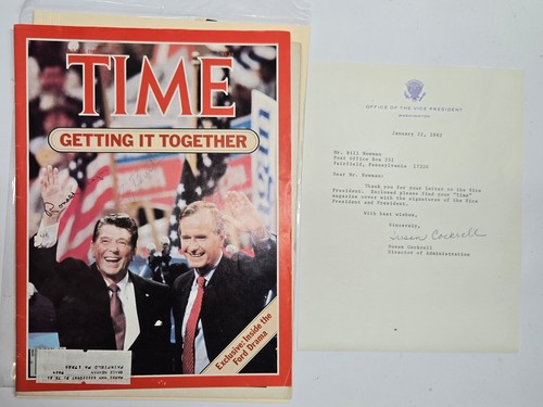 President George HW Bush & Ronald Reagan Signed Time Magazine With Letterhead