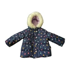Carter s Girls Hooded Puffer Jacket Faux Fur Trim Navy Blue Rainbow Hearts Print