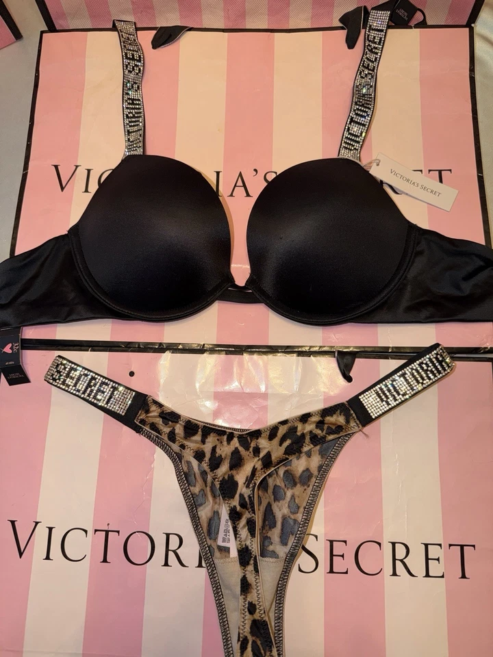 Victoria's Secret Push Up Bra Shine Strap 32C Small Cheetah Thong Last Set - Image 4 of 4