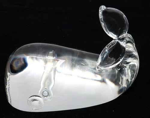 Art Glass Signed STEUBEN Clear Playful WHALE Figurine, Paperweight, 5" Long