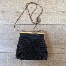 Vintage Regale Satin Black Pleated Evening Bag Gold Mini Rhinestone Kiss Clasp