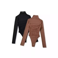 Women's Pleated Mock Neck Long Sleeve Mesh Bodysuit